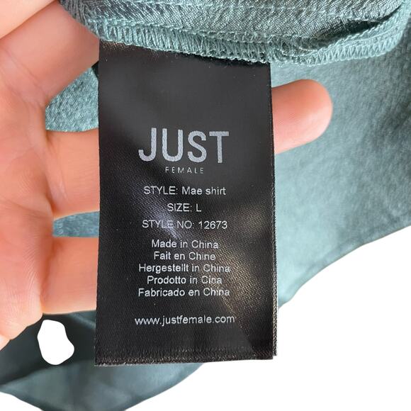 JUST Female Mae Shirt Jade Green Shiny Texture Button Up Long Sleeve Blouse - Picture 13 of 15